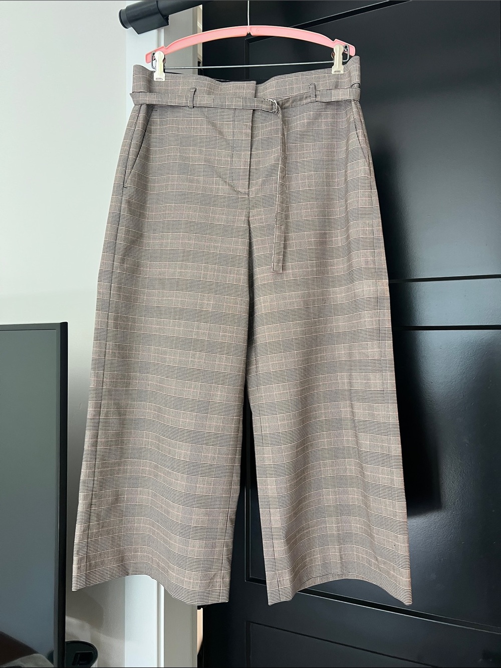 Ann Taylor Taupe Plaid Wide-Leg Cropped Trousers
